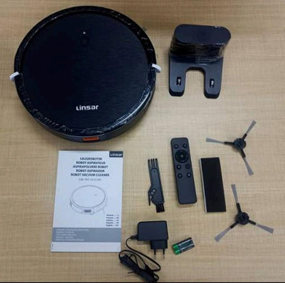 Linsar - Robot Vacuum Cleaner - strong suction, long running time - For carpet, pet hair, hard floors - Robot hoover with charging station, remote control and app (Black)