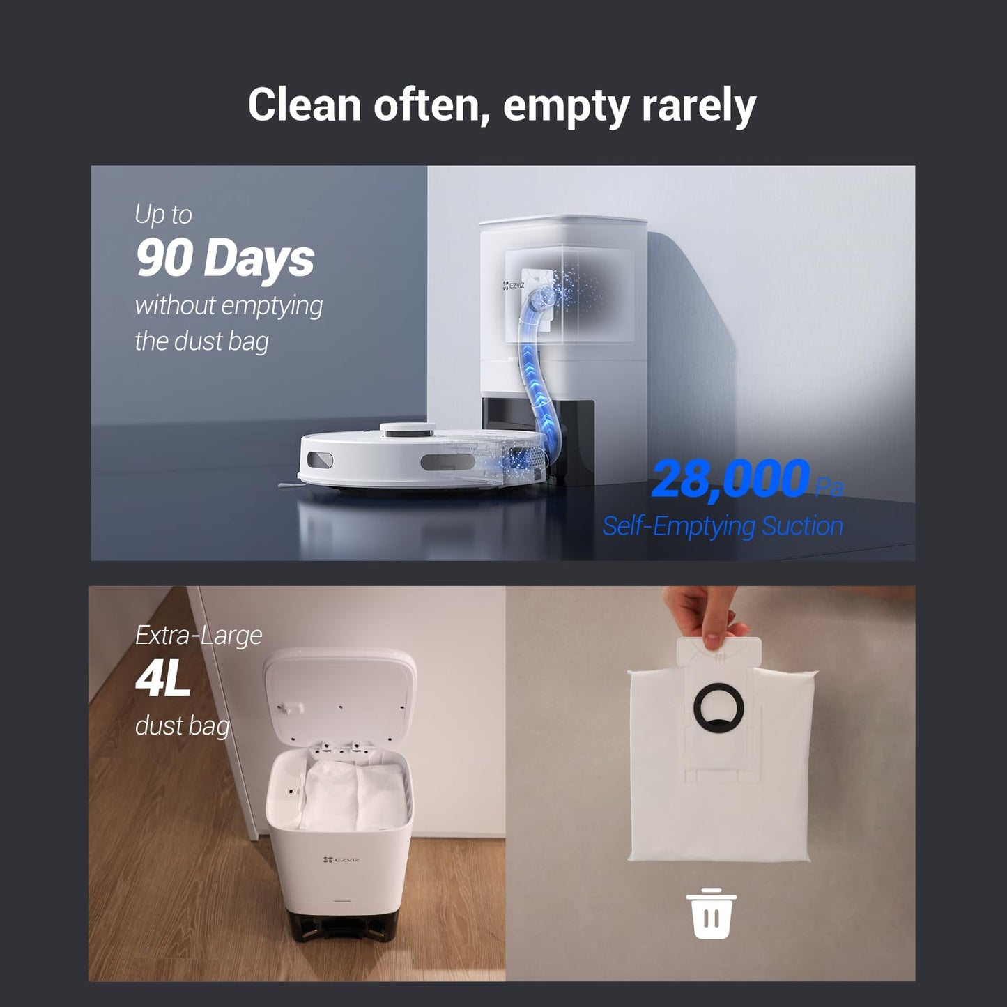 EZVIZ RE4 Plus Robot Vacuum Self Emptying, 4000 Pa, 4L Self-Emptying Station, LiDAR Navigation, Carpet Booster, Self-Charging, Cleans 300㎡, Wi-Fi APP Control, Alexa/Google Compatible, Pet-Friendly