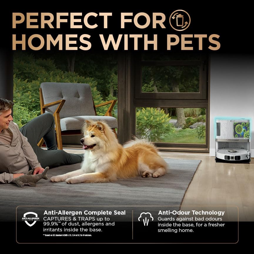 Shark PowerDetect Robot Vacuum and Mop with 60-Day Self-emptying and Cleaning Base - 3D LiDAR Navigation - Wi-Fi / App - 3 Anti-microb Pads, 1 Odour Cartridge and 2 Brushes Incl. - White