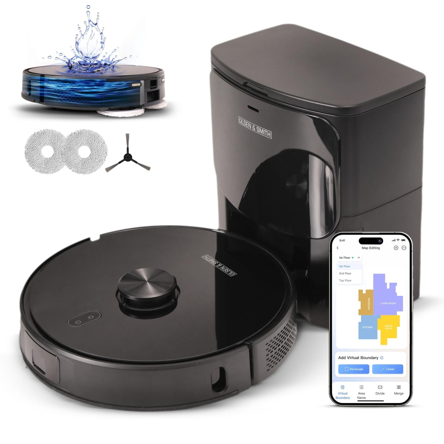 Olsen & Smith Smart Robot Vacuum Cleaner with Mop, 6500Pa Strong Suction, Laser Navigation Robotic Vacuum Cleaning with Mopping for Hard Floors and Carpets, 3L Self-Empty Station, App Control