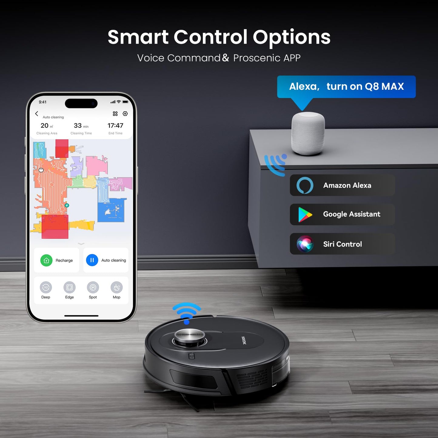 Proscenic Q8 Robot Vacuum Cleaner with Mop, 8000Pa 200Mins Robotic Vacuum with Lidar Navigation, 5 Real-Time Mapping, WiFi/Alexa/APP Remote Control Robot Hoover for Floor Carpet Pet Hair