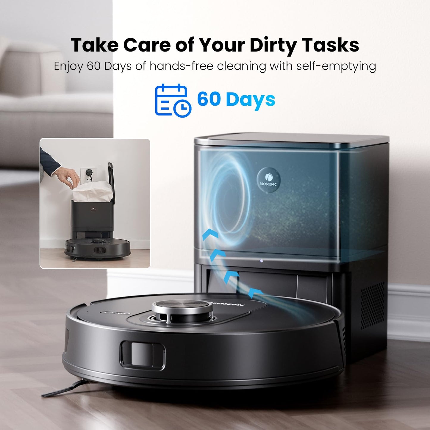 Proscenic Q8 Max Robot Vacuum Mop with Self-Empty Station, 6000Pa 200Min Robotic Vacuum with Lidar Navigation, 5 Real-Time Mapping, WiFi/Alexa/APP Remote Control Robot Hoover for Floor Carpet Pet Hair