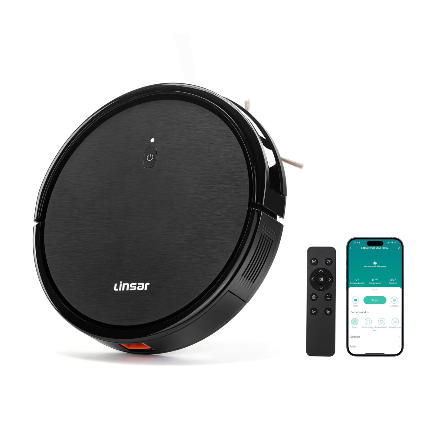 Linsar - Robot Vacuum Cleaner - strong suction, long running time - For carpet, pet hair, hard floors - Robot hoover with charging station, remote control and app (Black)