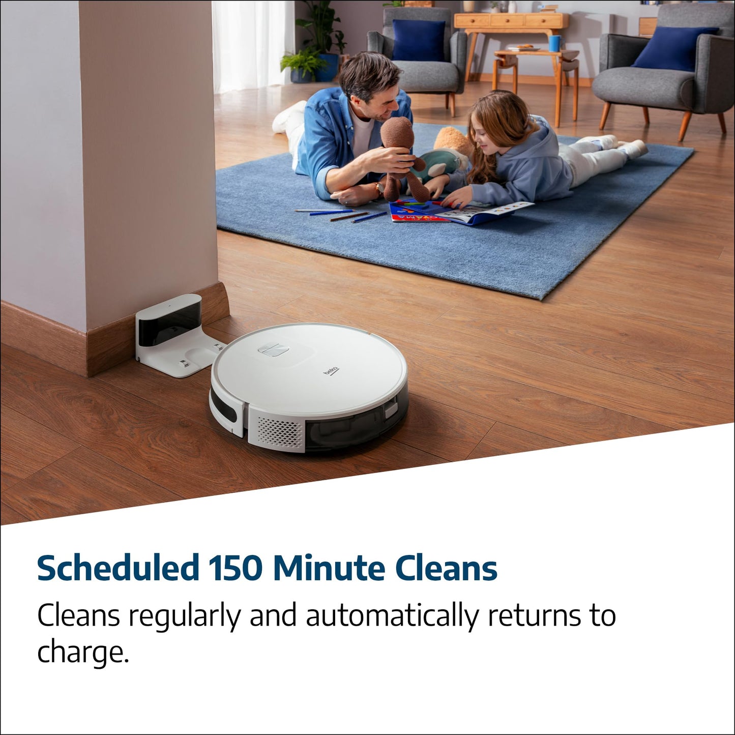 Beko Robot Cleaner VRR60314VW | White/Chrome Design | 150 Minute Run Time | 2000 Pa Suction Power | 4 Cleaning Modes | Mophead and water tank | Wifi connected/Smartphone compatible