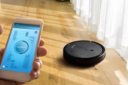 Linsar - Robot Vacuum Cleaner - strong suction, long running time - For carpet, pet hair, hard floors - Robot hoover with charging station, remote control and app (Black)