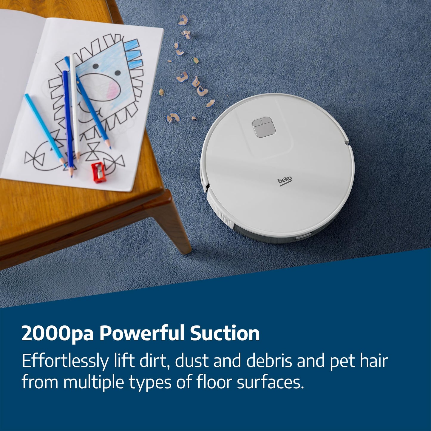 Beko Robot Cleaner VRR60314VW | White/Chrome Design | 150 Minute Run Time | 2000 Pa Suction Power | 4 Cleaning Modes | Mophead and water tank | Wifi connected/Smartphone compatible