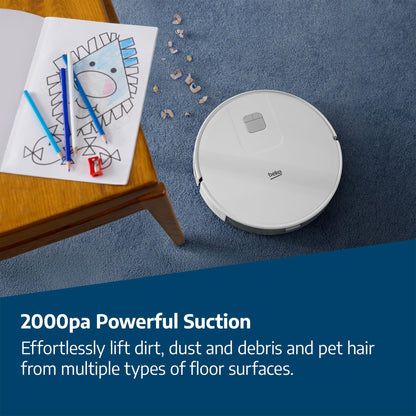 Beko Robot Cleaner VRR60314VW | White/Chrome Design | 150 Minute Run Time | 2000 Pa Suction Power | 4 Cleaning Modes | Mophead and water tank | Wifi connected/Smartphone compatible